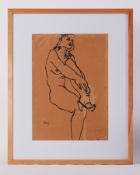 Framed drawing titled 'Seated Nude, Knee Up' 1972, oil? and crayon , 92cm x 70cm inc. frame