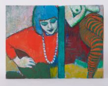 Unframed painting titled ' Diptych, Sarah in Blue Hair and Striped Tights' 1986, oil on board,