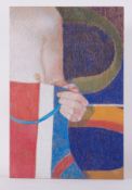 Unframed pastel drawing - 'Apron & Nude' c.1976, oil pastel on board, 76cm x 51cm