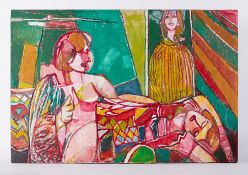 Framed painting titled ' Two Female Figures in a study' 1987, oil on canvas, 76cm x 114cm