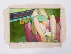 Unframed canvas titled ' Figure and Numberplate' 1970s, mid oil on canvas, 46cm x 67cm