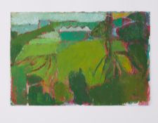 Unframed painting titled ' View from Hillcrest Park, Exeter' 1986, oil on paper, 25cm x 38cm