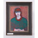 Framed painting, 'Young Women in Green Jumper', 1986, oil on paper, 47 x 39cm.