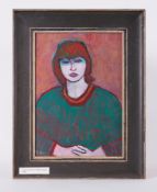Framed painting, 'Young Women in Green Jumper', 1986, oil on paper, 47 x 39cm.