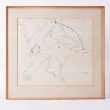 Framed drawing (see 621) - untitled 'Nude Sunbather w Umbrella' 1980, drawing on paper , 40cm x