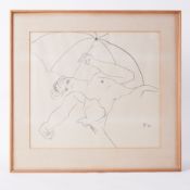 Framed drawing (see 621) - untitled 'Nude Sunbather w Umbrella' 1980, drawing on paper , 40cm x