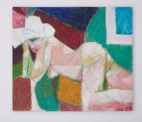 Unframed painting ' Figure Lying - White Sunhat' 1989, oil on board, 61cm x 52cm