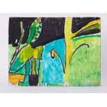 Unframed painting titled ' Green Forms with Yellow Upright' 1991, oil on board, 26cm x 35cm