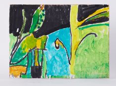 Unframed painting titled ' Green Forms with Yellow Upright' 1991, oil on board, 26cm x 35cm