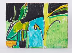 Unframed painting titled ' Green Forms with Yellow Upright' 1991, oil on board, 26cm x 35cm