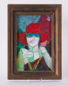 Framed painting titled ' Young Woman in Red Hat' 1988, oil on board, 42cm x 31cm