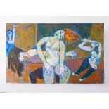 Unframed painting titled 'Three Dancers [2]' c.1988, acrylic/board, 61cm x 98cm