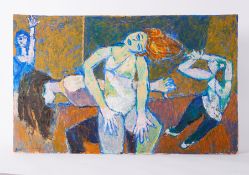 Unframed painting titled 'Three Dancers [2]' c.1988, acrylic/board, 61cm x 98cm
