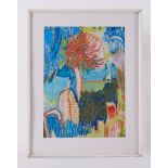 Framed drawing titled ' Old Olive Grove, Greek island' 1989, oil pastel on paper, 57cm x 45cm