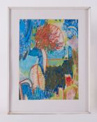 Framed drawing titled ' Old Olive Grove, Greek island' 1989, oil pastel on paper, 57cm x 45cm