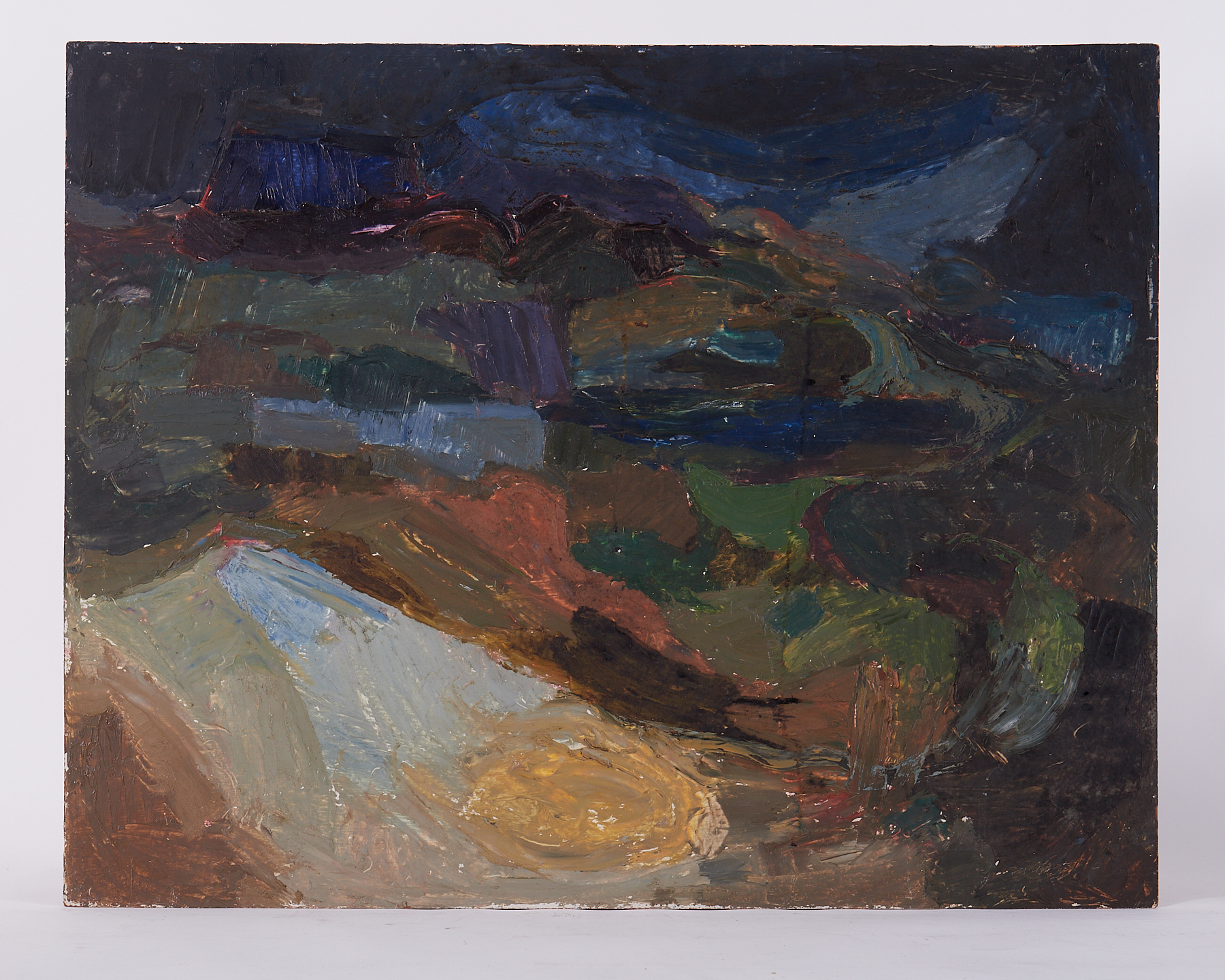 Unframed painting titled ' Dark Landscape' c.1961, oil on board, 84cm x 66cm