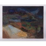 Unframed painting titled ' Dark Landscape' c.1961, oil on board, 84cm x 66cm