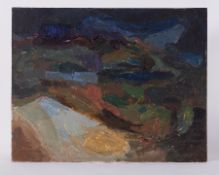 Unframed painting titled ' Dark Landscape' c.1961, oil on board, 84cm x 66cm