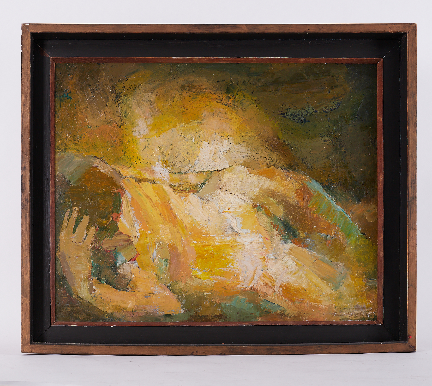 Framed painting titled ' Yellow Nude (1)' 1960, oil on board, 74cm x 89cm