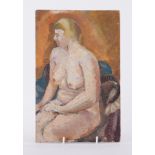 Unframed painting titled 'Seated Nude' c.1955, oil on wood, 29cm x 19 cm, reverse has portrait of