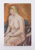 Unframed painting titled 'Seated Nude' c.1955, oil on wood, 29cm x 19 cm, reverse has portrait of