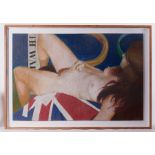 Framed pastel titled ' Union Jack and Judy' 1977, oil pastel on bundela board, 81cm x 22cm,