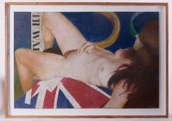 Framed pastel titled ' Union Jack and Judy' 1977, oil pastel on bundela board, 81cm x 22cm,