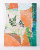 Unframed oil titled ' Beach Figure in Check Costume' 1988/89, oil on board, 57cm x 75cm
