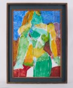 Framed painting 'Green Nude with Arm on Knee' , 1990, acrylic on board, 103 x 78cm.