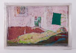 Framed painting titled ' Nude on a Bed' 1985, oil on board, 40cm x 61cm