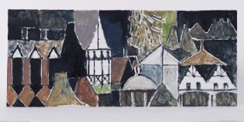 Unframed painting titled ' Buildings - Strathpeffer' 1993, oil on board, 78cm x 33cm