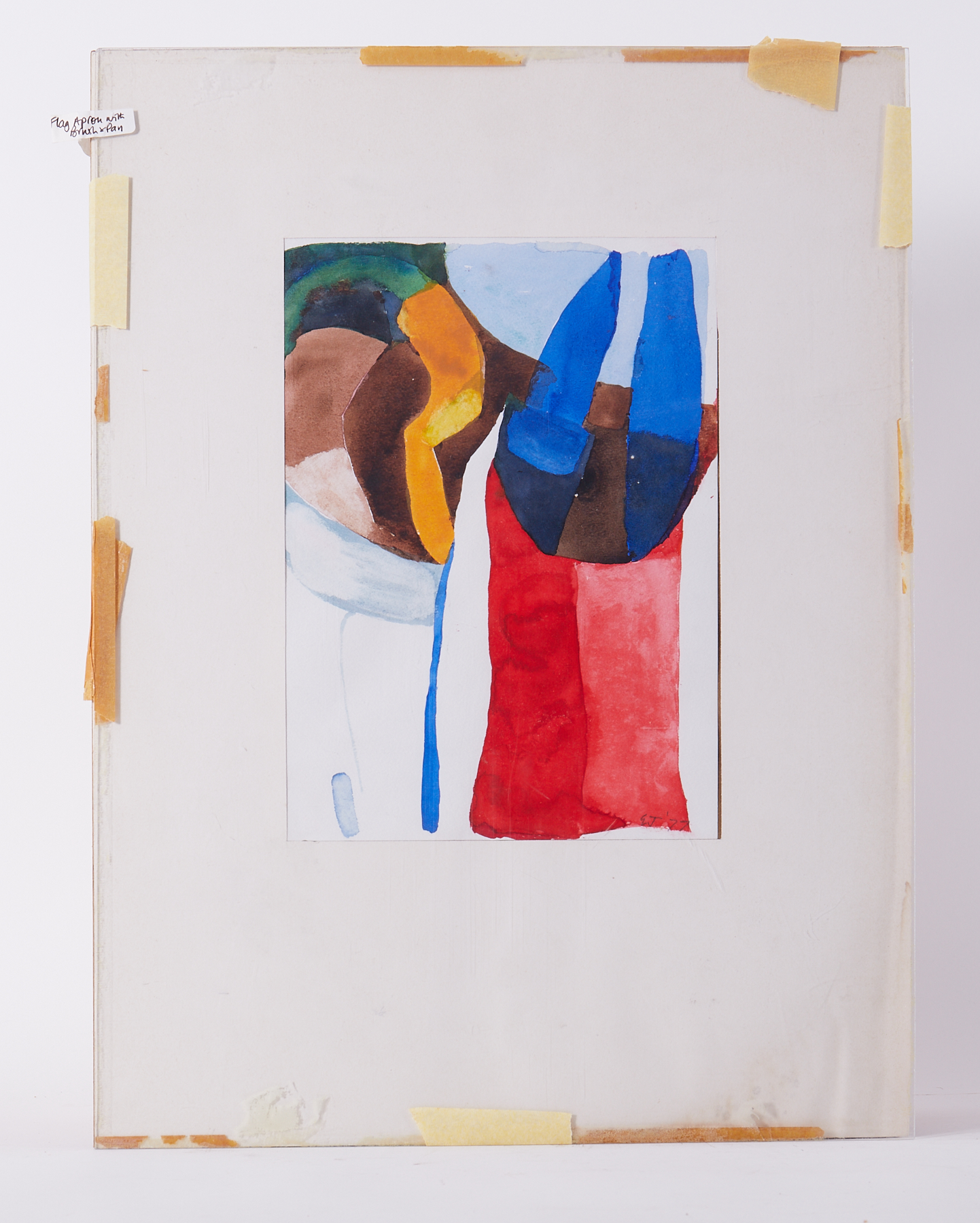 Perspex covered, 'Flag Apron with Brush & Pan' , 1977, watercolour, 61 x 46cm.