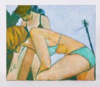 Unframed painting titled ' Two Girls in Bathing Suits' 1982, oil on canvas, 47cm x 56cm, canvas on