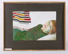 Framed painting titled ' Barbara Reading in Dark Green Dress' c.1984, oil on board, 86cm x 68cm
