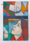 Unframed painting, Double image, 'Face and Hands' c.1985, oil on board, 54cm x 35cm