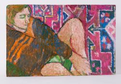 Unframed painting titled 'Girl Holding Foot, Carpet Background 1987 oil on board 39 x 61