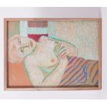 Unframed drawing titled ' Sarah in Tights with Orange Stripes' 1986, pastel on board, 38cm x 51cm