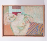 Unframed drawing titled ' Sarah in Tights with Orange Stripes' 1986, pastel on board, 38cm x 51cm