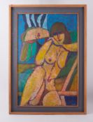 Framed painting titled ' Figure with Head on Hands' 1987, oil on board, 110cm x 78cm
