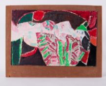 Unframed painting titled ' Girl Lying with Drapes' 1990, oil on board, 46cm x 61cm