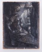 Unframed painting titled ' Girl and Lamp' c.1954, oil on board, 43cm x 33 cm, reverse has rugby