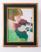 Framed painting titled ' Gwen (head) & Violin' 1982, oil on board, 59cm x49cm