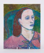 Unframed painting titled ' Woman's head in 3/4 view' 1988, oil on board, 27cm x 22cm