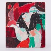 Unframed painting 'Women in Black Cardigan with Red Background' 1990, oil on board, 28 x 24cm.