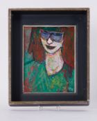 Framed painting titled ' Young Woman in Sunglasses' 1988, oil on board, 34cm x 29cm