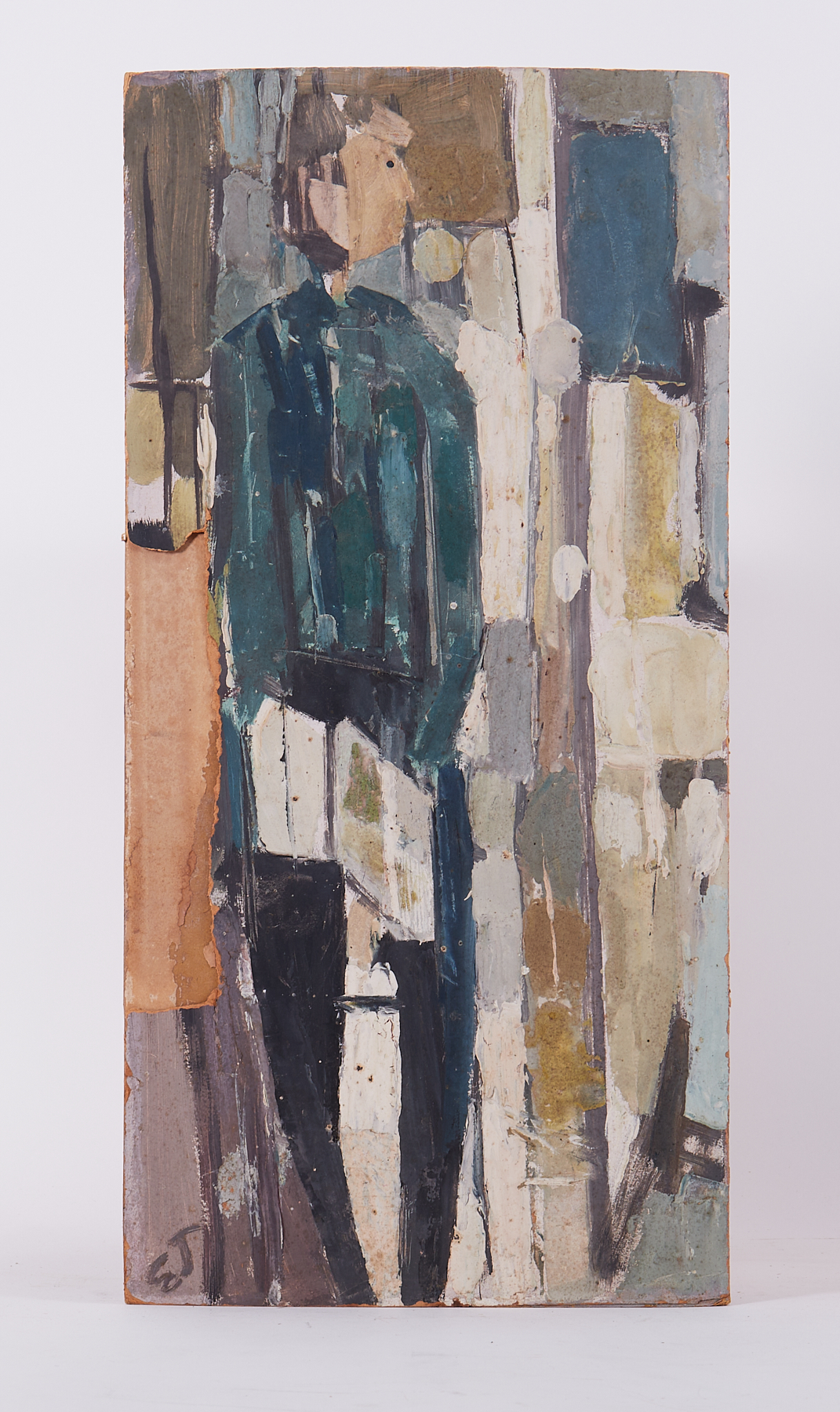 Unframed painting titled 'Seated Figure with Book' c.1957, oil on board, 61cm x 30cm