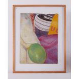Glazed frame titled ' Figure with Green Balloon' c.1977, pastel on board, 69cm x 54cm