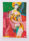 Unframed painting - untitled 'Nude in Orange & Green' 1991, oil on board, 30cm x 20cm