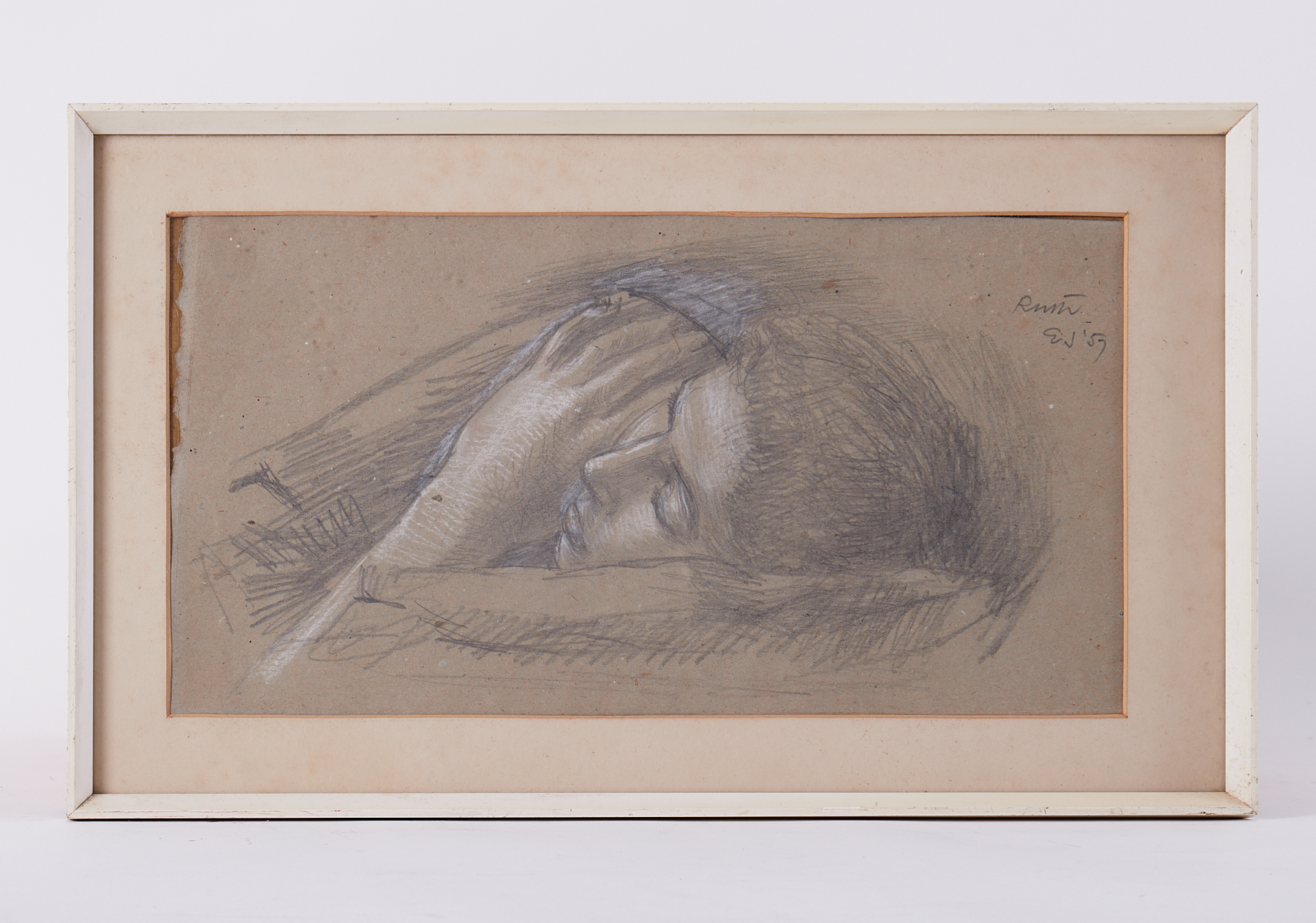 Framed drawing titled ' Sleeping Girl (Ruth)' 1957, conte on paper, 27cm x 47cm