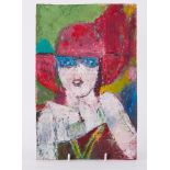 Unframed painting titled ' Girl in Red Hat' later version 1990, oil on board, 30cm x 20cm